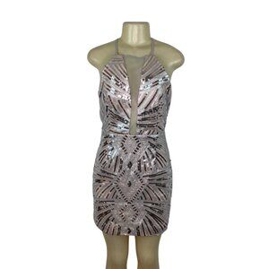 Dear Moon Womens  Nude & Silver Sequin Mini Cocktail Evening Dress SZ 9